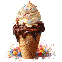 Ice cream in waffle cup with chocolate and cherry on a transparent background AI Generative png