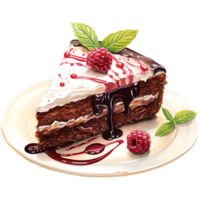 Chocolate cake with whipped cream and raspberries on a transparent background AI Generative png