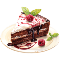 Schokolade Kuchen mit ausgepeitscht Sahne und Himbeeren auf ein transparent Hintergrund ai generativ png