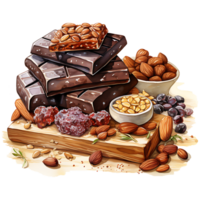 Chocolate bars with nuts and dried fruits on a transparent background AI Generative png