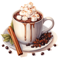 Cup of hot chocolate with marshmallows, cinnamon sticks on a transparent background AI Generative png