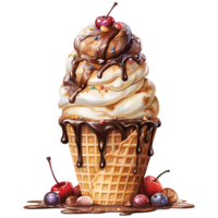 Ice cream in waffle cup with chocolate and cherry on a transparent background AI Generative png