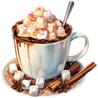 Cup of hot chocolate with marshmallows, cinnamon sticks on a transparent background AI Generative png