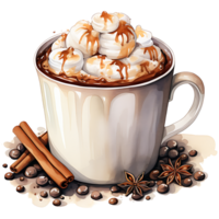 Cup of hot chocolate with marshmallows, cinnamon sticks on a transparent background AI Generative png