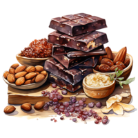 Chocolate bars with nuts and dried fruits on a transparent background AI Generative png