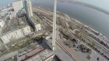 Flying over city waterfront in Volgograd, Russia video