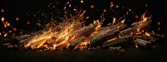 Detail of fire sparks isolated on black background. AI generated photo