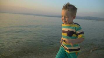 Happy boy running on the sea coast at sunset video