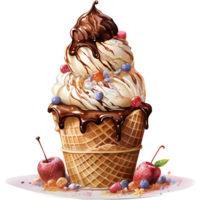 Ice cream in waffle cup with chocolate and cherry on a transparent background AI Generative png