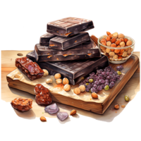 Chocolate bars with nuts and dried fruits on a transparent background AI Generative png