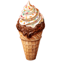 Ice cream in waffle cup with chocolate and cherry on a transparent background AI Generative png