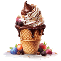 Ice cream in waffle cone watercolor sublimation on a transparent background AI Generative png