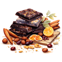 Chocolate bars with nuts and dried fruits on a transparent background AI Generative png