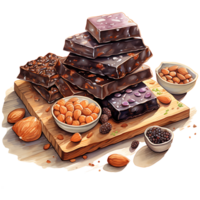 Chocolate bars with nuts and dried fruits on a transparent background AI Generative png