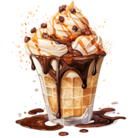 Ice cream in waffle cup with chocolate and cherry on a transparent background AI Generative png