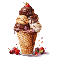 Ice cream in waffle cup with chocolate and cherry on a transparent background AI Generative png