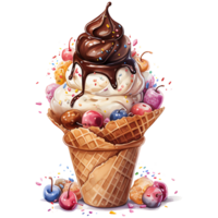 Ice cream in waffle cone watercolor sublimation on a transparent background AI Generative png