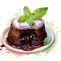 Chocolate lava cakes and mint leaf on a transparent background AI Generative png