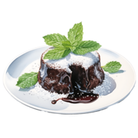 chocolate lava bolos e hortelã folha em uma transparente fundo ai generativo png