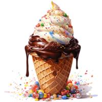 Ice cream in waffle cup with chocolate and cherry on a transparent background AI Generative png