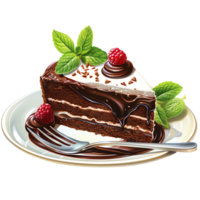 Chocolate cake with whipped cream and raspberries on a transparent background AI Generative png