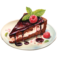 Chocolate cake with whipped cream and raspberries on a transparent background AI Generative png