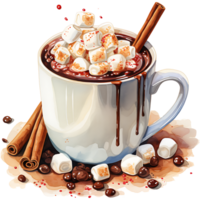 Cup of hot chocolate with marshmallows, cinnamon sticks on a transparent background AI Generative png