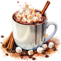 Cup of hot chocolate with marshmallows, cinnamon sticks on a transparent background AI Generative png