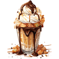 Ice cream in waffle cup with chocolate and cherry on a transparent background AI Generative png