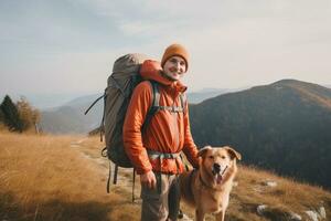 Happy man with a big tourist backpack is hiking with his dog in the mountains. Traveling with pets concept. AI generated. photo