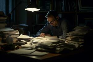 Tired man working at a desktop at night. Overtime, overwork, overnight work concept. AI generated. photo