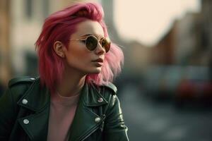 Young woman with pink hair in sunglasses and green leather jacket on the street. Copy space. AI generated. photo