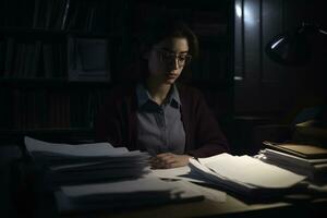 Tired young woman working with documents at night. Overtime, overwork, overnight work concept. AI generated. photo