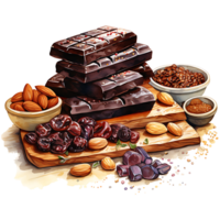 Chocolate bars with nuts and dried fruits on a transparent background AI Generative png