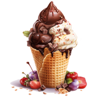 Ice cream in waffle cone watercolor sublimation on a transparent background AI Generative png