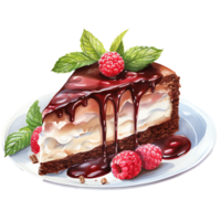 Chocolate cake with whipped cream and raspberries on a transparent background AI Generative png