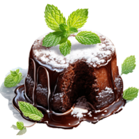 Chocolate lava cakes and mint leaf on a transparent background AI Generative png