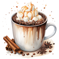 Cup of hot chocolate with marshmallows, cinnamon sticks on a transparent background AI Generative png