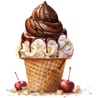 Ice cream in waffle cone watercolor sublimation on a transparent background AI Generative png