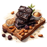 Chocolate bars with nuts and dried fruits on a transparent background AI Generative png