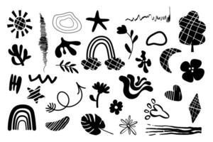 Set abstract black and white hand drawn elements, shapes vector