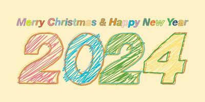 Merry Christmas and Happy New Year 2024 greeting card colorful doodle childish style vector illustration.