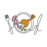 Simplified image of tasty meal. Dinner in line art style. Prepared  chicken drumstick, mushrooms, peas on a plate. Outline vector illustration.