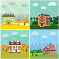 Set of four lonely houses in the nature. Vector illustration.