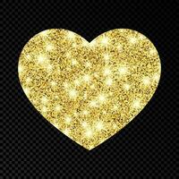 oro reluciente corazón en oscuro antecedentes. antecedentes con oro destellos y Brillantina efecto. vector ilustración