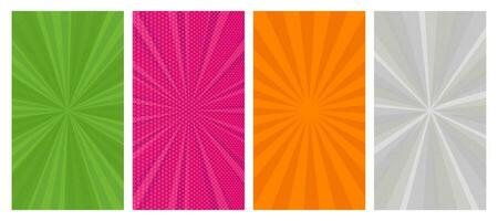 Set of four comic book pages backgrounds in pop art style with empty space. Template with rays, dots and halftone effect texture. Vector illustration