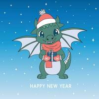 Christmas card with cute green dragon. Funny green dragon holding a gift. Merry Christmas and Happy New Year greeting card. Vector