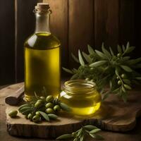 Photo olives and olive oil in bottle close-up with olive branch