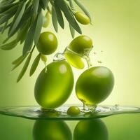 Realistic olives and oil splash drops, vector green olive fruits. Olive oil splashing flow for bottle product package, cuisine cooking or salad, green olive oil splash pour in macro closeup photo