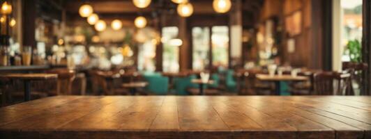 Empty old wood table top and blurred bokeh cafe and coffee shop interior background with vintage filter - can used for display or montage your products.. AI generated photo